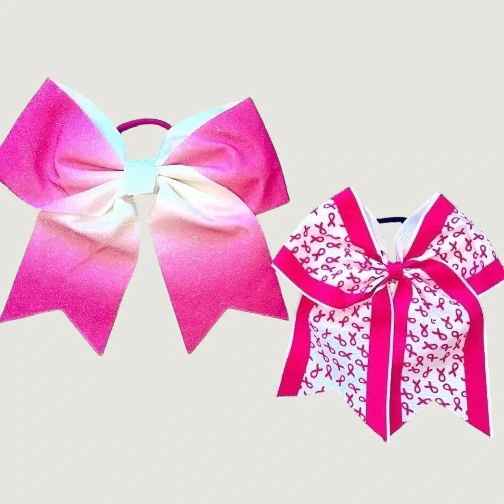Cheer Hair Bows Set Of 2 Pink White Breast Cancer Awareness Glitter Sparkle